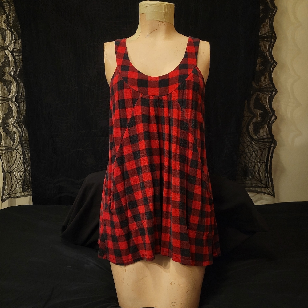 Y2K So Sik red blk Buffalo plaid crochet flowy racer back tank top w pockets XL - Picture 6 of 17